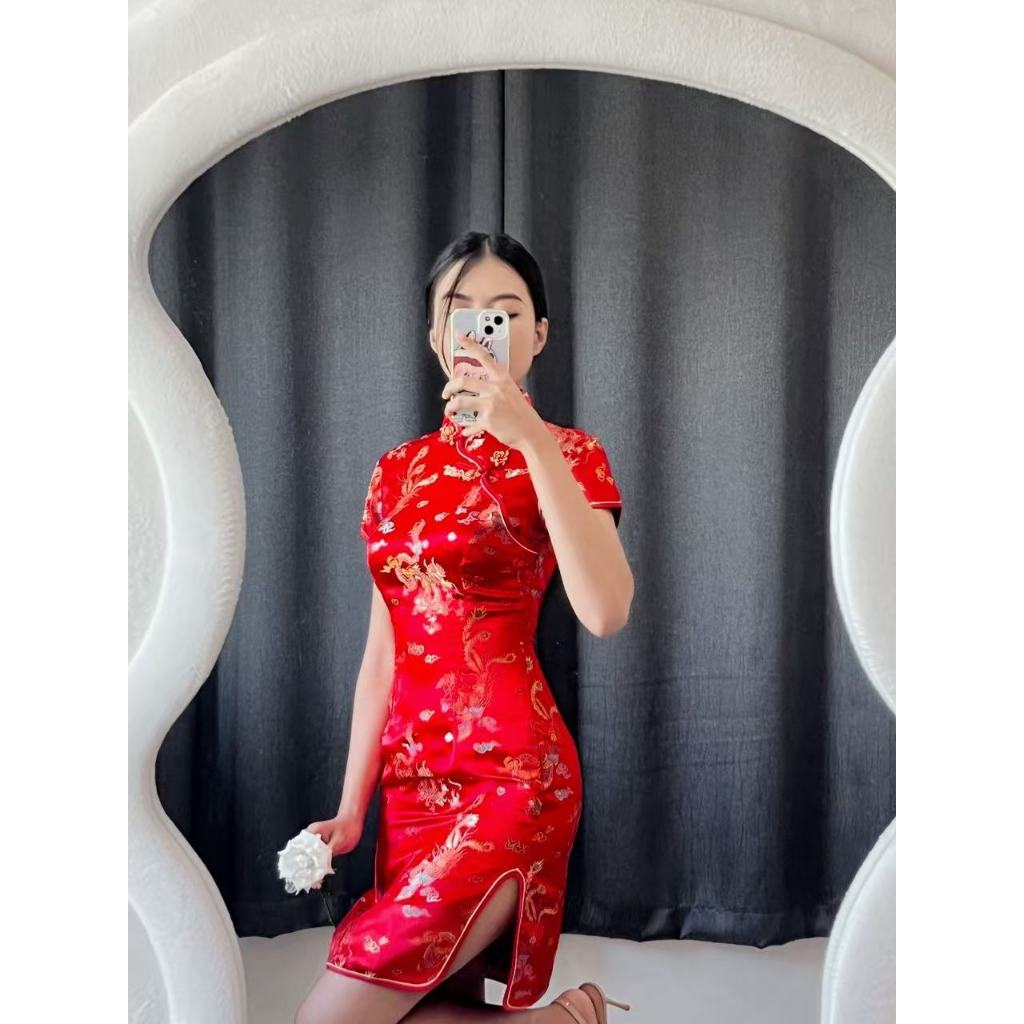 ชุดแซกสั้น~ลายมังกรหงส์+ตัวอักษรจีน~แขนสั้นกระดุมจีนซิบข้าง - รูปที่ 2