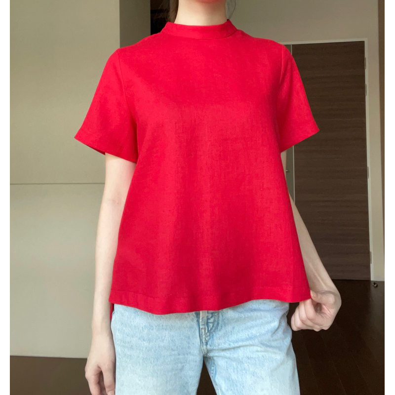 M7เสื้อคอปีนแขนสั้นซิปหลังผ้าลินินสีแดง