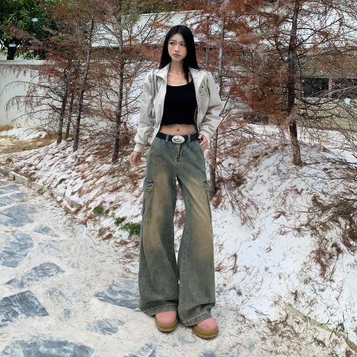 COCOA Jeans-เอี๊ยมสไตล์อเมริกัน ย้อนยุค ไฮสตรีท เอวสูง เข้ารูป ทรงตรงหลวมๆ เหมาะกับสาวตัวเล็ก