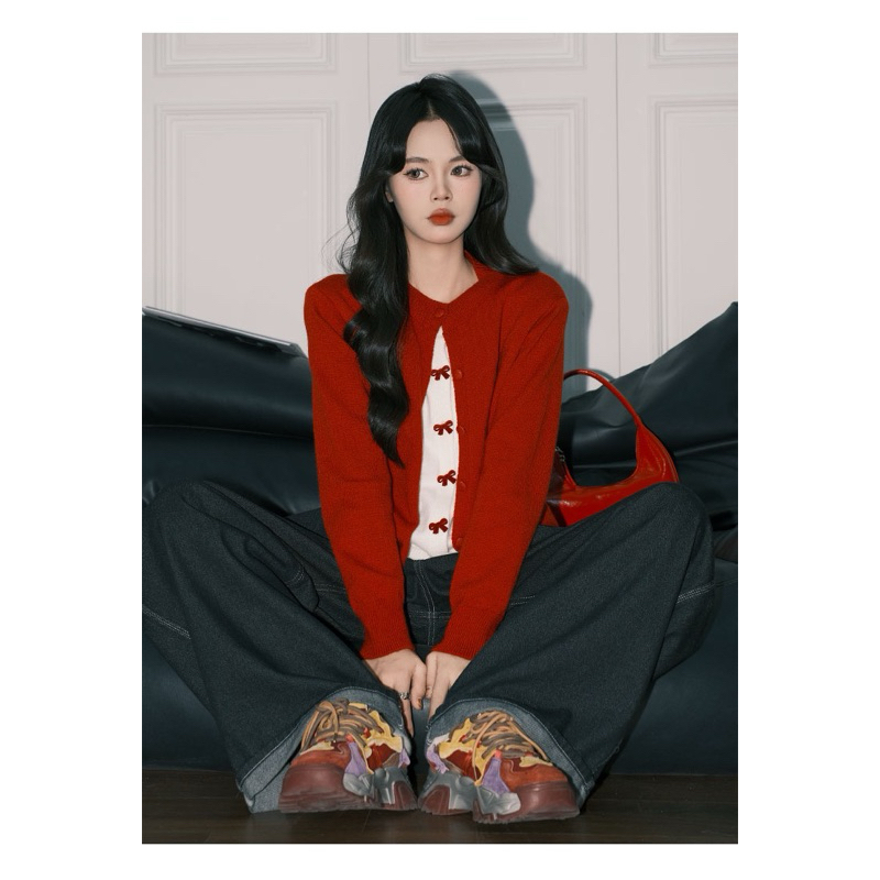 เสื้อกันหนาวไหมพรม สเวตเตอร์ คาดิแกน โบว์ สีแดง ดีไซน์เกาหลี ใส่แล้วน่ารักมากๆ พร้อมส่งในไทย🇹🇭
