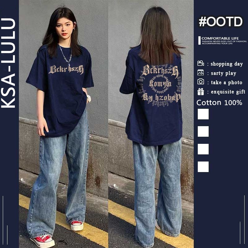 เสื้อวินเทจผู้หญิงเท่ๆ oversize คอตตอน 100% ทรงหลวม แฟชั่นเกาหลี พิมพ์ลายตัวอักษร เสื้อยืดโอเวอร์ไซส์กําลังฮิตใหม่ล่าสุด
