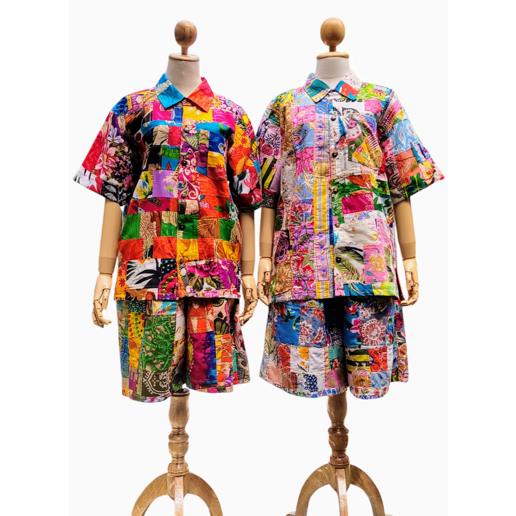 ชุดเซต 2ชิ้น เสื้อ+กางเกง งานPatchwork, ชุดรีดอัดกาวทั้งตัวจัดทรงไว้ด้านใน, มี2โทนสี มีไซส์ให้เลือก.