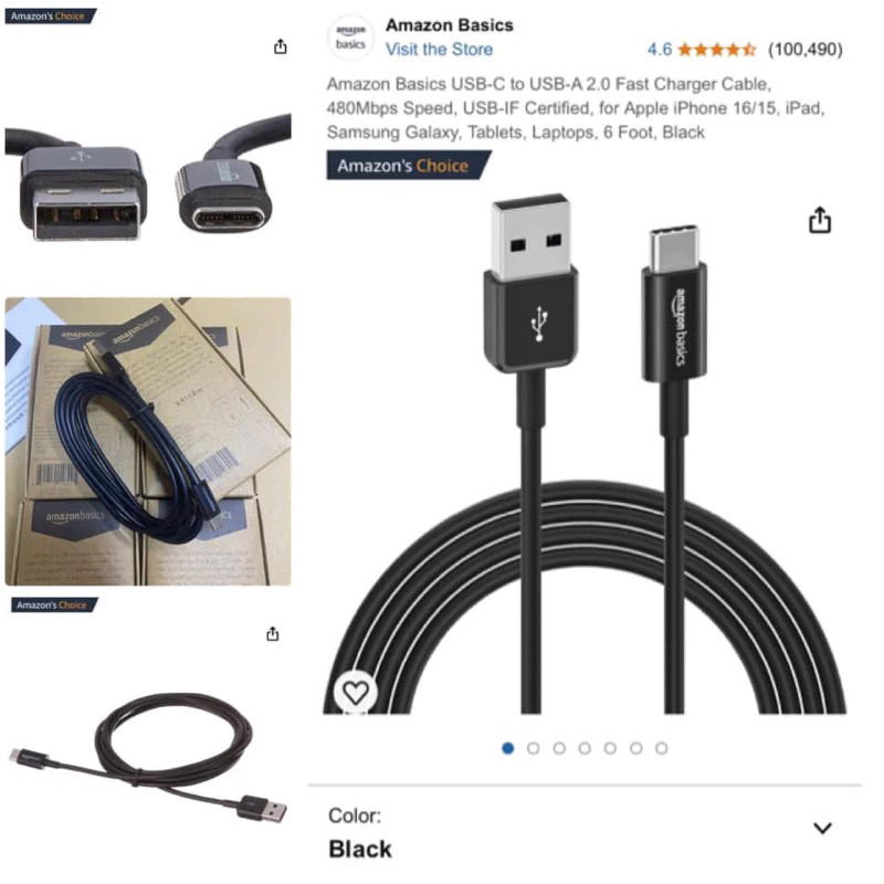 สายชาร์ท TYPE C ~ Amazon Basics USB Type C to USB-A 2.0 Male Cable #ของแท้ 100% 🇺🇸 สายยาว 1.8 เมตร (6ft)