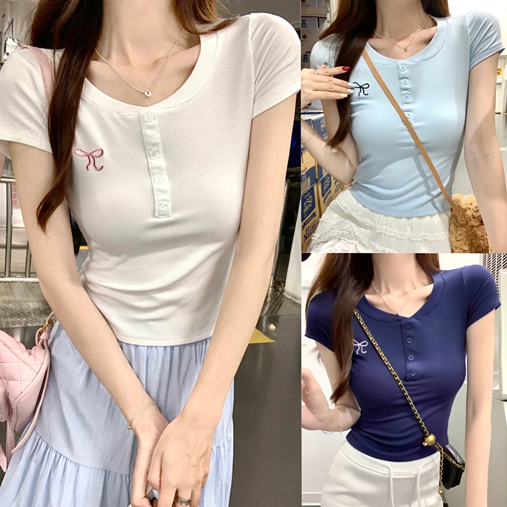 เสื้อครอปไหมพรม เสื้อครอปหญิง กระดุมเเกะได้ ยืดได้ ลายโบว์ หวานน่ารัก #02279