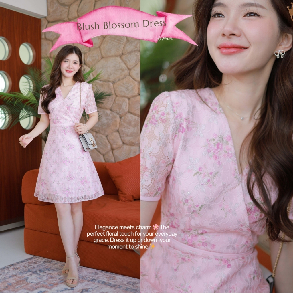Romi"Oil" Blush Blossom Dress (Pink) J615 ชุดเดรสสีชมพู (คอป้ายลูกไม้มีขอบเอว)