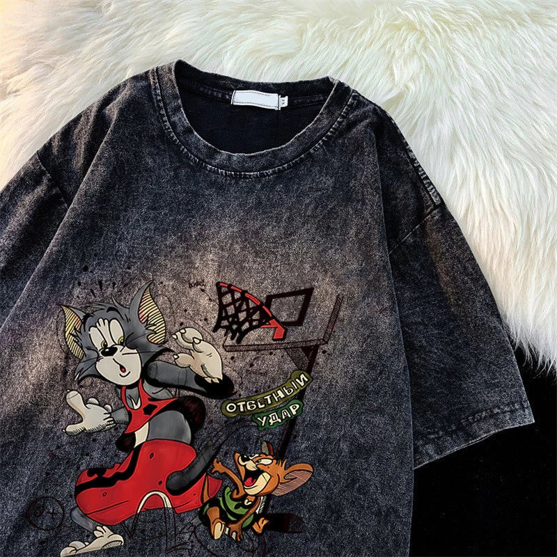 UT shop เสื้อยืด oversize 'Tom cat' แขนสั้น cotton 100% t shirt แฟชั่น สไตล์เกาหลี วินเทจ เสื้อฟอก สีดำ เสื้อวินเทจ 3xl