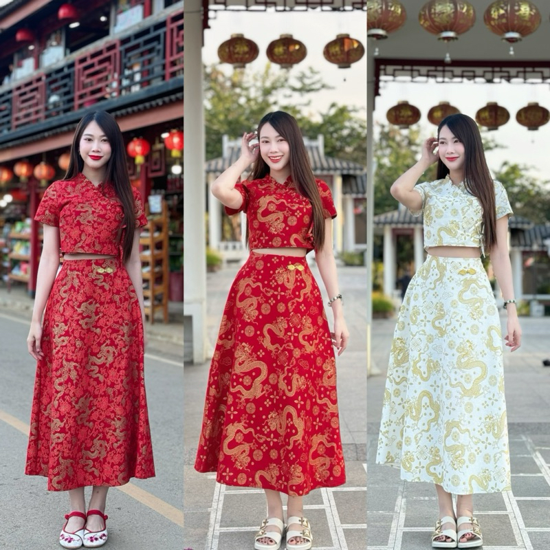 TANTANOD -รหัสCNY99 ชุดเซ็ตตรุษจีน เสื้อไขว้พิมพ์ลาย กระโปรงยาวกระดุมจีน(ผ้าฝ้ายพิมพ์ลาย)