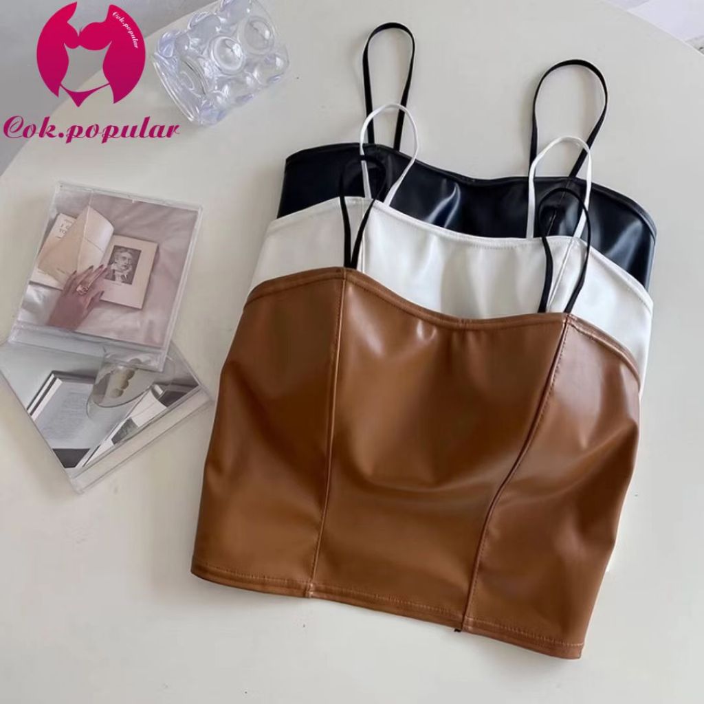 #259 ครอปทอป สายเดียว ผ้าหนัง leather faux COK