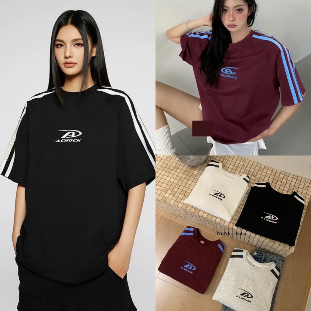 W3433 เสื้อยืดแขนสั้น ทรงโอเวอร์ไซส์ แต่งแถบสลับสี แฟชั่นเกาหลี TAG WG.WE