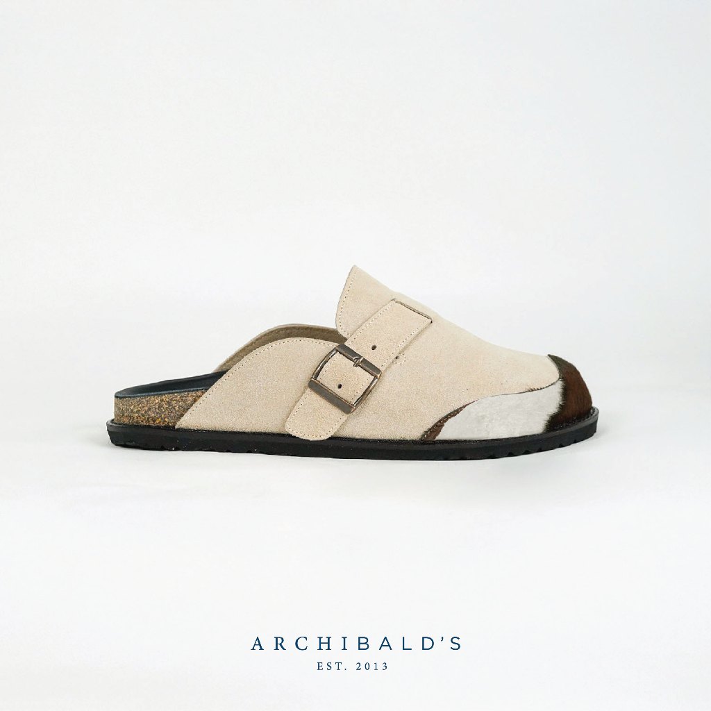 VinArch's Fur Mules in Suede Beige รองเท้าทรงมูลส์ เปิดส้น หนังกลับสีเบจ และหนังวัวมีขน