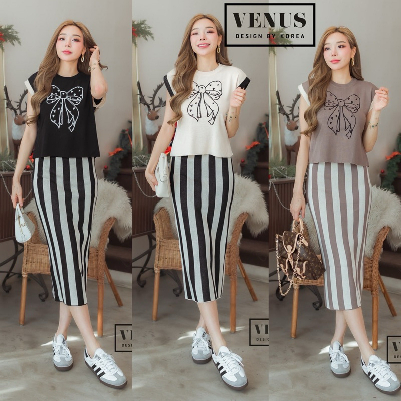 Cotton Screen Bow Top&Stripe Long Skirt Set