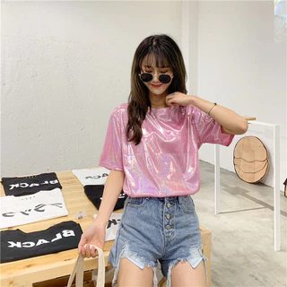 Unicrony • พร้อมส่งจากไทย เสื้อยืดผ้าวิ้งค์ แขนสั้นกลิตเตอร์ ใส่เล่นสงกรานต์ฉ่ำๆ สะท้อนแสงวิ้งๆ เสื้อยืดคอกลมสายรุ้ง