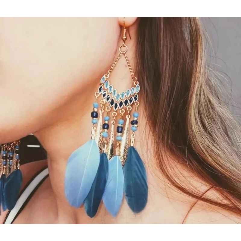 พร้อมส่งในไทย ต่างหู โบฮีเมียนขนนก เครื่องประดับ แต่งลูกปัดขนนก สไตล์ชนเผ่า สาวคาวบอย สวยงาม ส่งจากไทย - รูปที่ 2