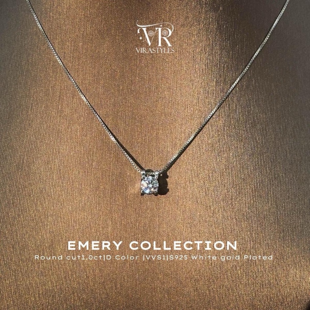 VRS.สร้อยเพชรเม็ดเดี่ยว สร้อยคอเงิน92.5ชุบทองคำขาว  พร้อมจี้เม็ดเดี่ยวน้ำหนัก1.0ct Collection Emery