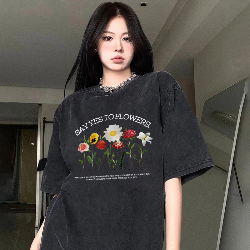 Top.street เสื้อยืด oversize 'FLOWER' แขนสั้น cotton t shirt วินเทจ สไตล์เกาหลี หญิง เสื้อฟอก สีดำ เสื้อ 3XL
