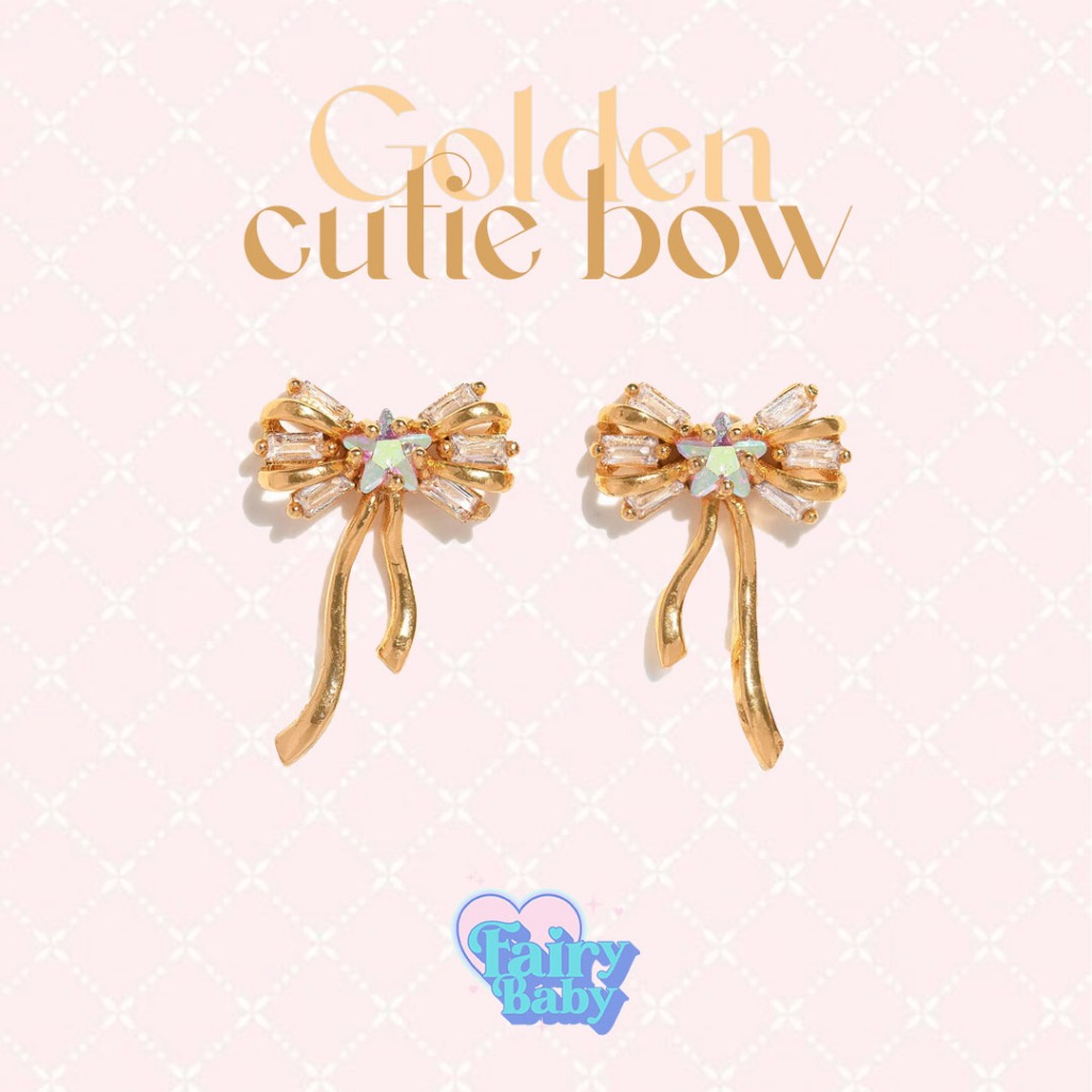 Fairybaby ต่างหู Golden Cutie Bow ตุ้มหู สีทอง รูป โบว์ มินิดาว เล่นแสง โฮโลแกรม  สวย น่ารัก งานโบว์