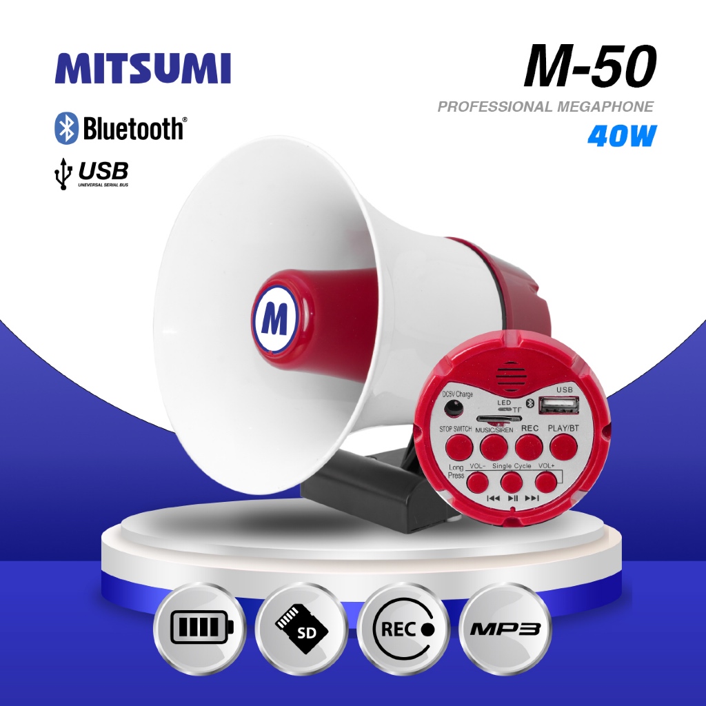 MITSUMI M-50 โทรโข่งพร้อมไมค์ 6" 40W อัด+ชาร์จ+BT+USB