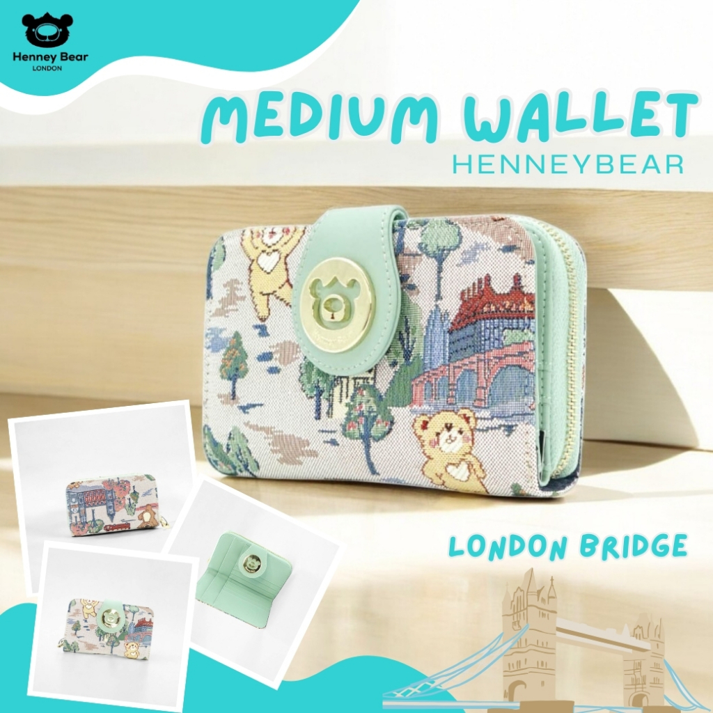 Henneybear HW-111 ลายLondon  กระเป๋าสตางค์ กระเป๋าใส่เงิน กระเป๋าใส่บัตร ใบกลางสีเขียวพาสเทล สีสวย