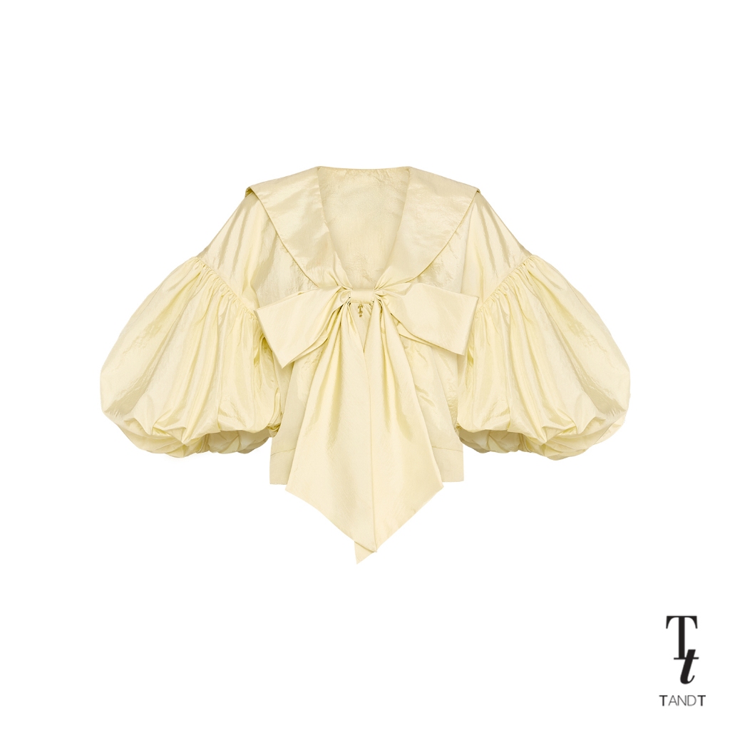 TandT - NANCY TOP - SAILOR COLLAR TIE BOW PUFF SLEEVES TOP เสื้อคอปกกะลาสีตกแต่งโบว์ แขนสั้นทรงพอง ผ้าร่มสีเหลืองอ่อน