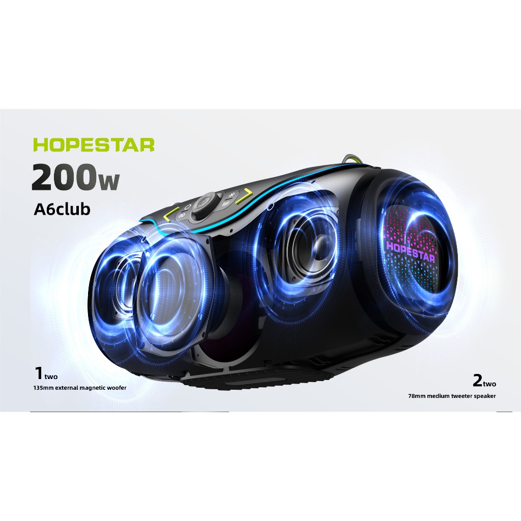 Hopestar A6Club ลำโพงบลูทูธ 200วัตต์ พร้อมไมค์ลอย1อัน ลำโพง3ดอก มีไฟRGB ปรับเบส3โหมด ของแท้100%