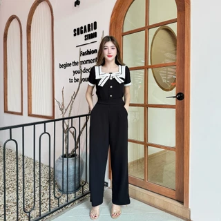 สินค้าพร้อมส่ง ชุดเซตยาวทรูโทน ผ้าวูลเวฟ เสื้อคอปกแต่งกุ้นโบว์หน้าแต่งกระดุมเมอแรง+กางเกงเอวเรียบสม็อคหลังมีกระเป๋า A579