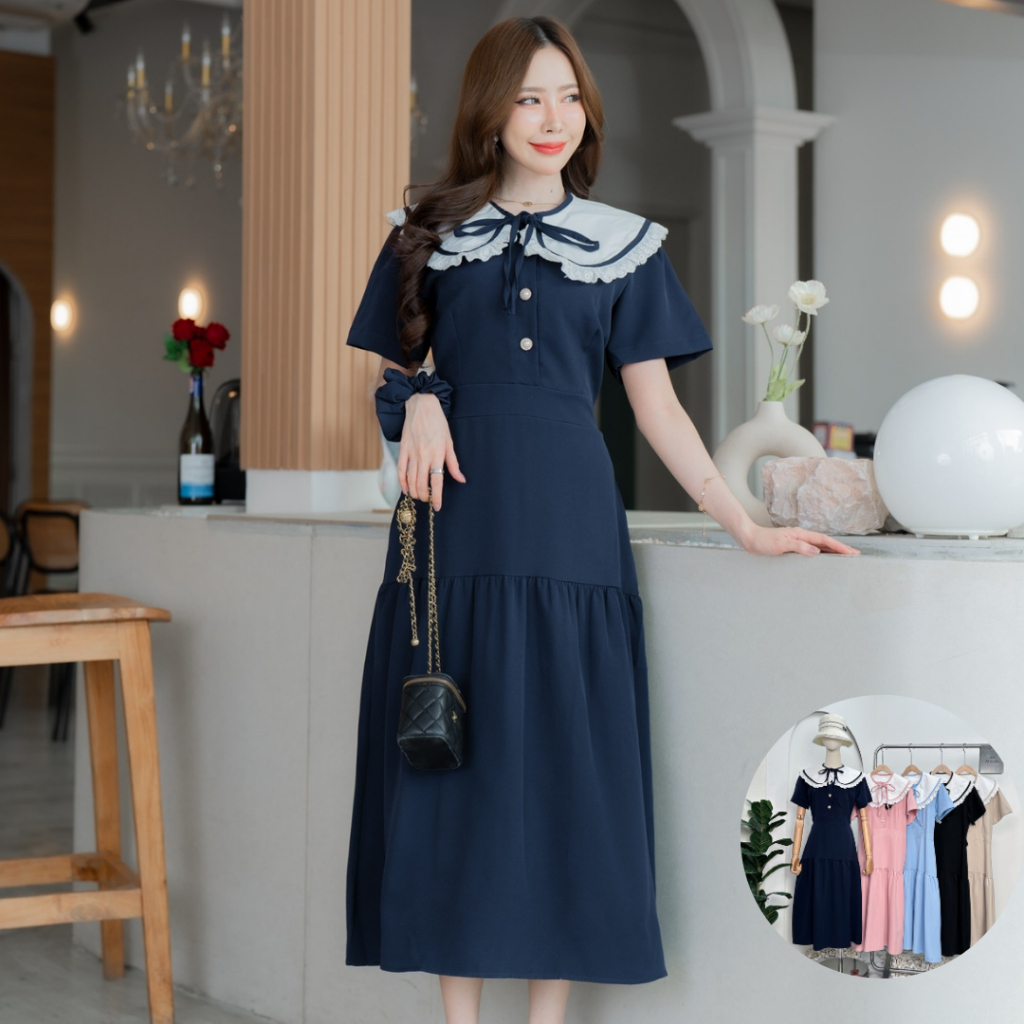 cookie dress รุ่น เดรสคอกลม กระจริง ปกแยกแต่งลูกไม้กระโปรงชั้นเย็บสายคิ้วอย่างดี