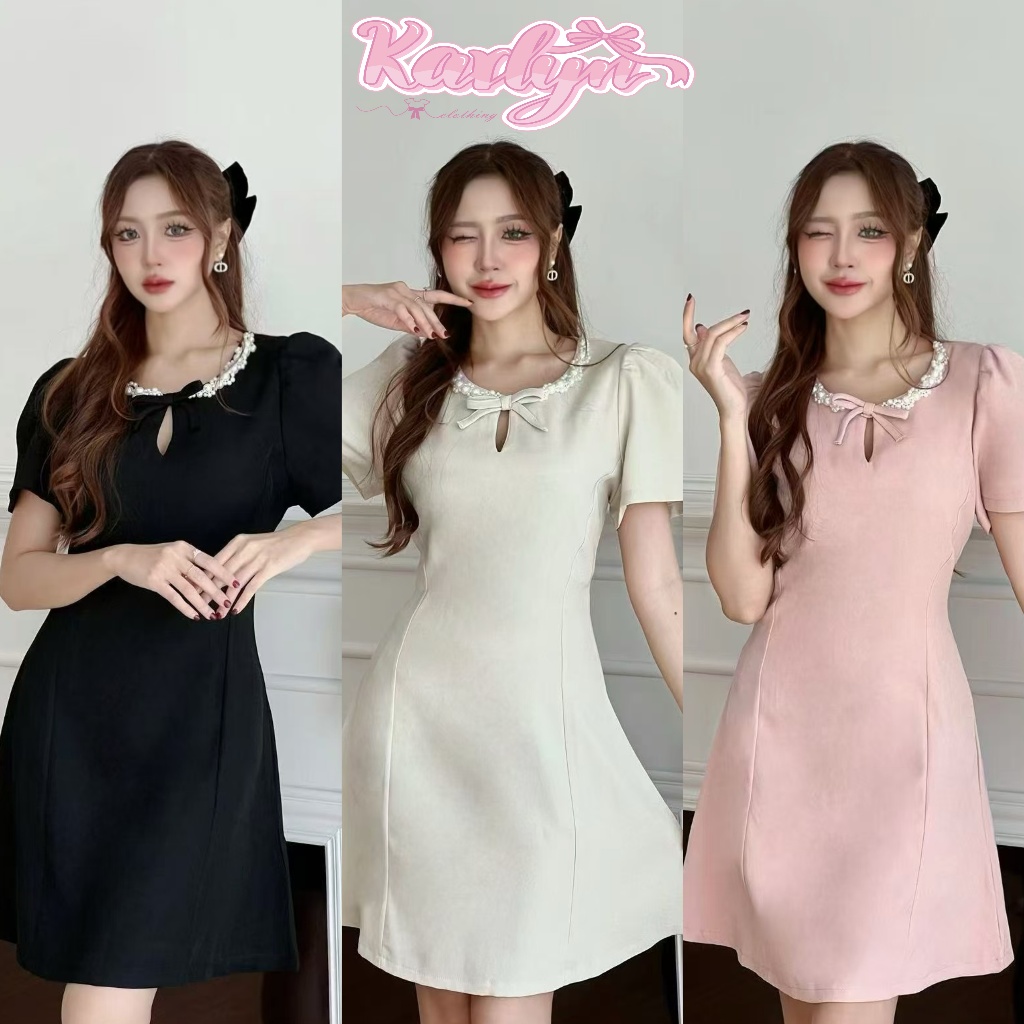 【Karlyn】FZ-CC-H26# มินิเดรสแขนสั้น  สีพื้น แต่งดีเทลคอผูกโบว์ เรียบหรูดูแพง สวยละมุนสุดๆ