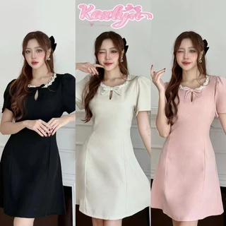 【Karlyn】FZ-CC-H26# มินิเดรสแขนสั้น สีพื้น แต่งดีเทลคอผูกโบว์ เรียบหรูดูแพง สวยละมุนสุดๆ
