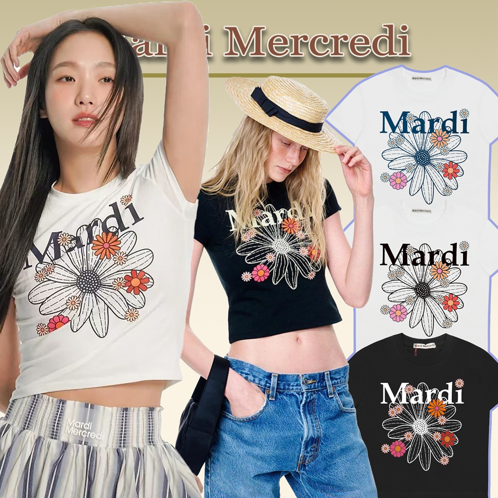 แท้ / พร้อมส่ง New เสื้อยืด MARDI Mercredi Flowermardi Blossom Slim Cropped Cotton เกาหลีแท้ T-Shirt ฟรีไซซ์