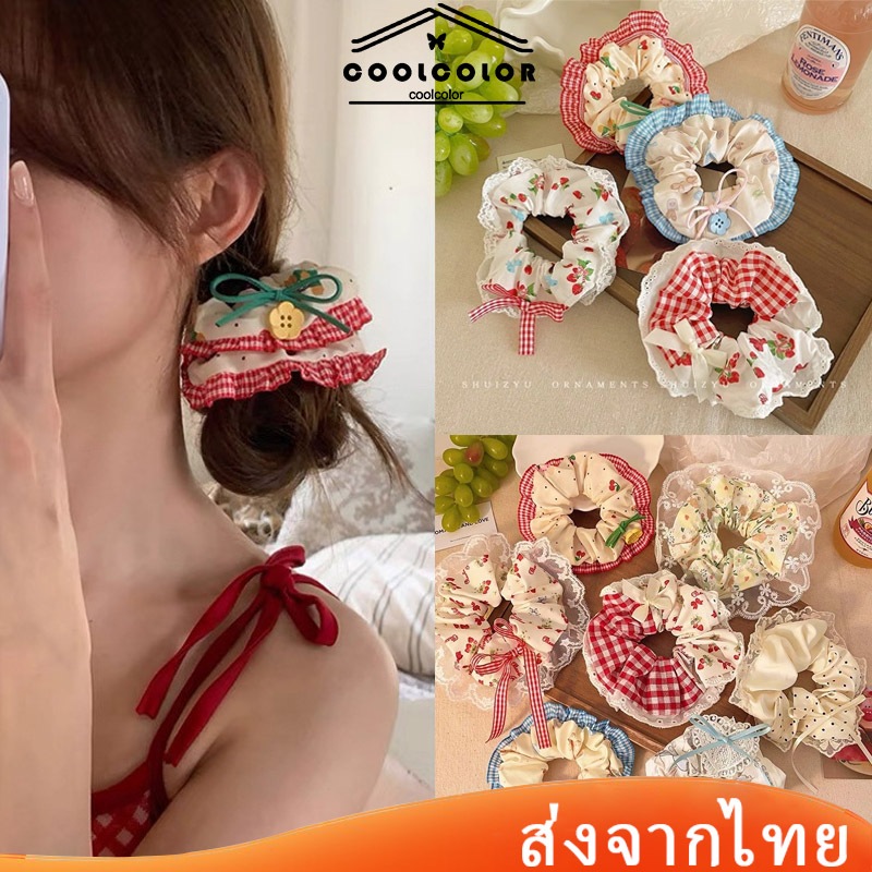 ในไทย ยางรัดผมประดับโบว์ลูกไม้ผ้าฝ้ายแบบนิ่มพิมพ์ลายหมีแฟชั่นเกาหลีหวานขนาดใหญ่สําหรับเด็กผู้หญิงทนทานCOD