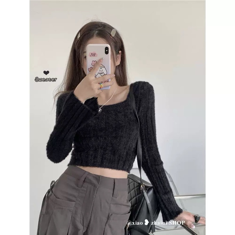 [Nnod shop’] เสื้อแขนยาวคอเหลี่ยมผ้าขนปุย สีพื้น มินิมอล เกาหลี