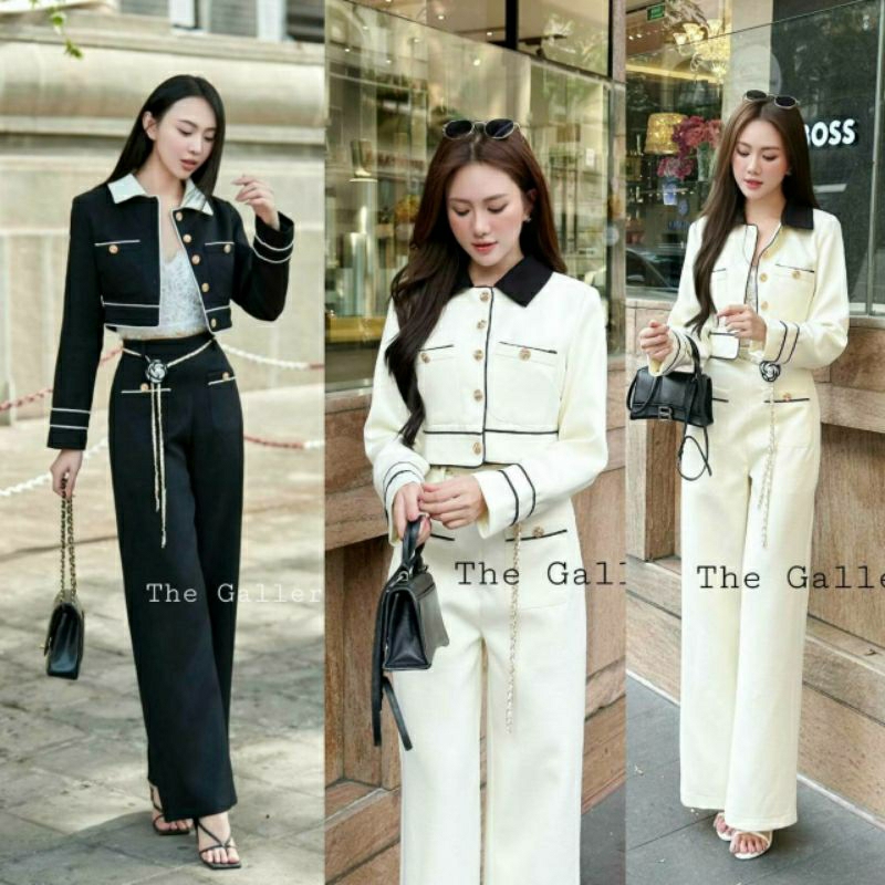(S-XL) The Gallery 📣พร้อมส่งเซ็ทเสื้อครอปแขนยาว+กางเกงขายาว+เข็มขัดโซ่ดอกไม้เนื้อผ้าอย่างดีมีเทคเจอร์มีซับสวยหรู