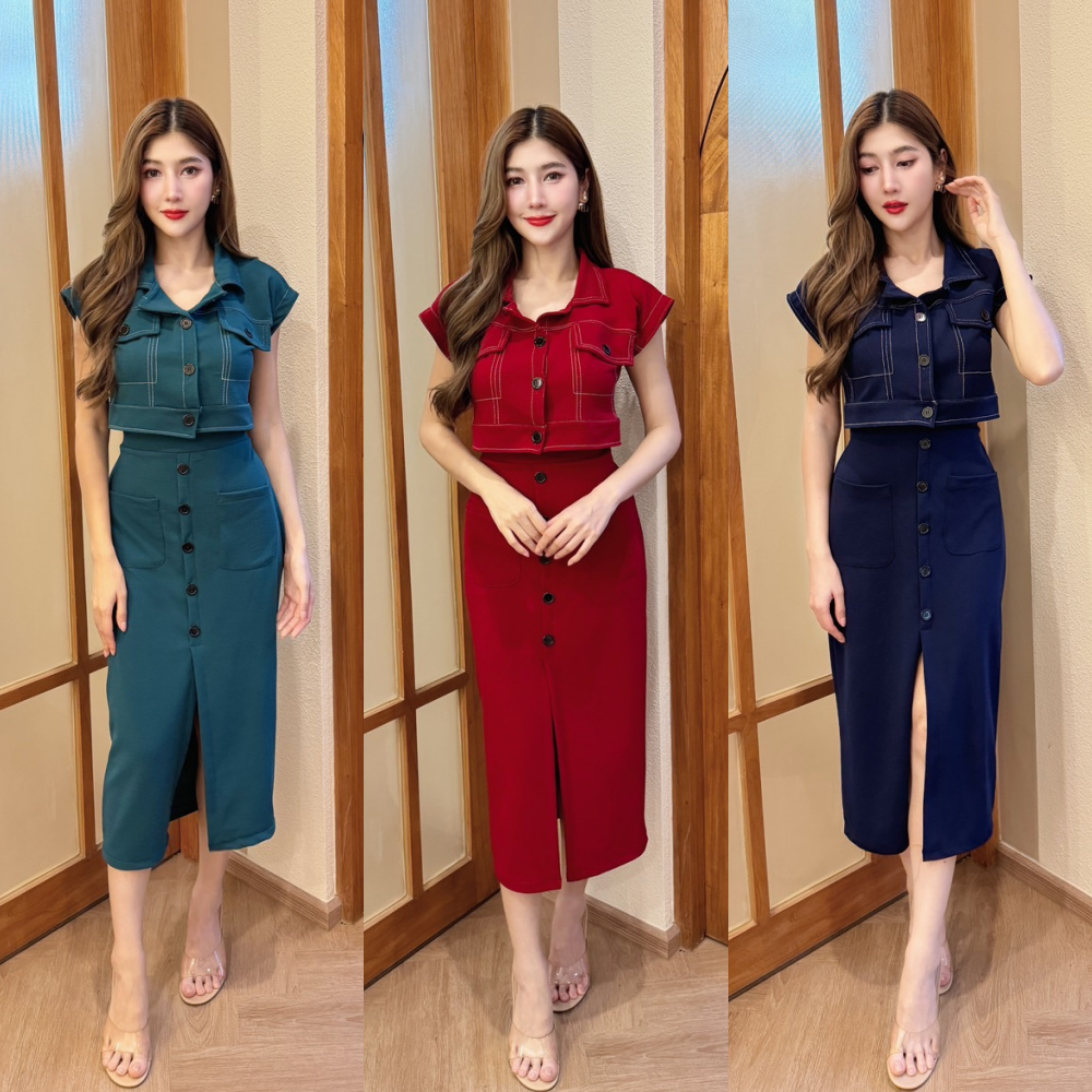 พร้อมส่ง ชุดเซตกระโปรงผ้าวูลเวฟ เสื้อทรงครอปคอปกกระดุมหน้าแต่งกระเป๋าหน้า+กระโปรงเอวเรียบกระเป๋าหน้าแต่งกระดุมหน้า