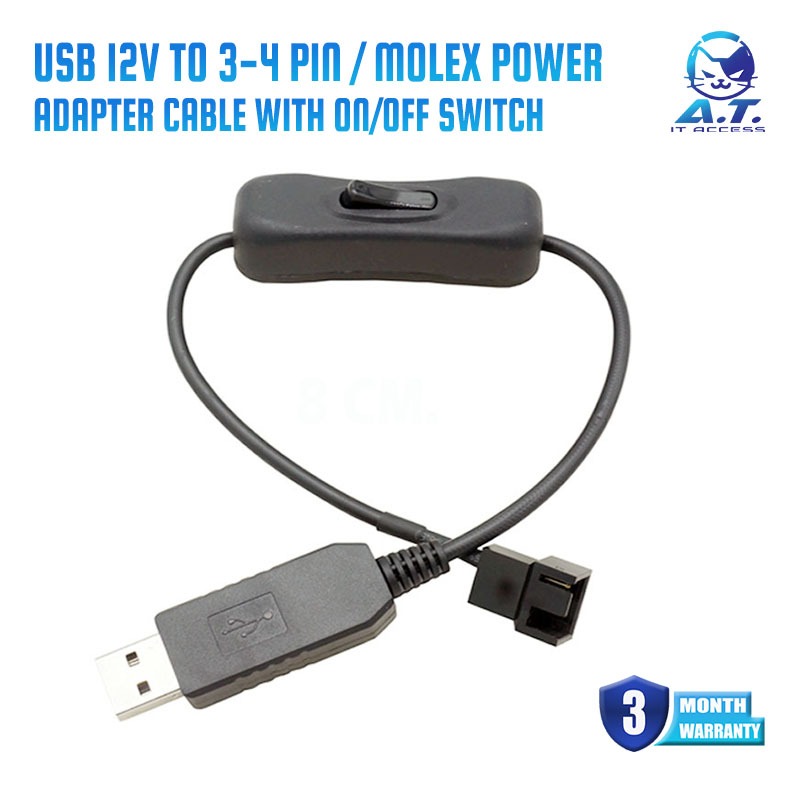 USB 12V to 3 pin 4 pin / Molex PC Fan Sleeved Power Adapter Cable with ON Off Switch