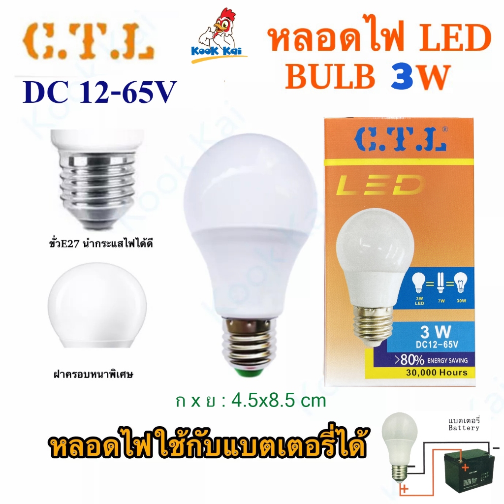 (3W) CTL หลอดไฟ DC กระแสตรง 3วัตต์ ใช้แบตเตอรี่ 5V 12v 24v 36v 48v 65v LED Bulb ใช้คู่กับแบต มอเตอร์ไซด์ โซล่าเซลล์