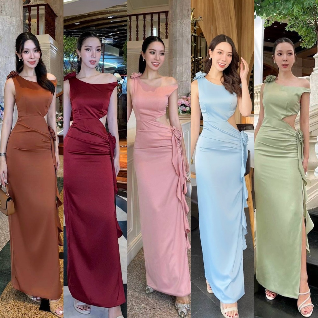 พร้อมส่ง LALADA เดรสซาตินยาว ชุดออกงาน เขียว ชมพู แดง น้ำตาล ไปงานแต่ง เพื่อนเจ้าสาว ดินเนอร์