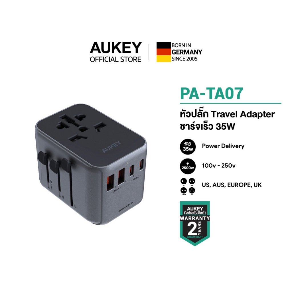 AUKEY PA-TA07 35W หัวแปลงปลั๊กต่างประเทศ 35W Travel Adapter มาพร้อม ช่อง USB-C และ USB-A
