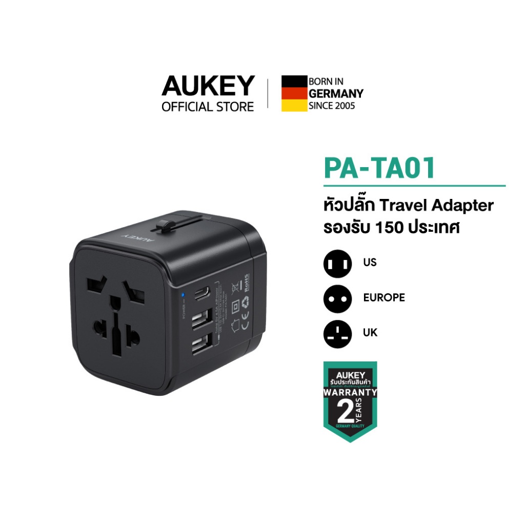 AUKEY หัวแปลงปลั๊กต่างประเทศ  Universal Travel Adapter 30-100W มาพร้อม ช่อง USB-C และ USB-A