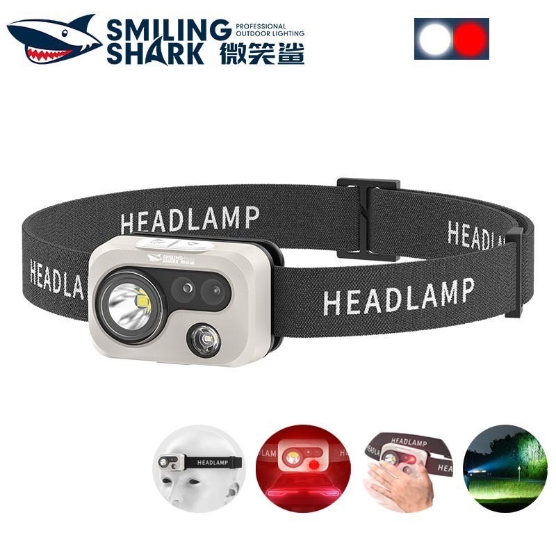 SmilingShark TD0170 ไฟฉายคาดหัว LED เซนเซอร์ ซุปเปอร์ไบรท์ ไฟหน้ามินิ แสงสีขาวและสีแดง 5โหมด Type-C ชาร์จใหม่ได้ กันน้ำส
