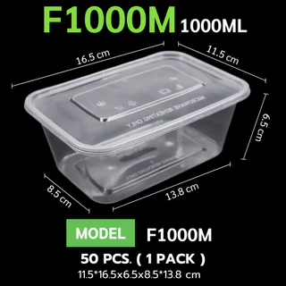 [แพ็ค50ชุด] 1000ML กล่องอาหารพลาสติก 1 ช่อง พร้อมฝา สีใส กล่องพลาสติกเข้าไมโครเวฟ รุ่น F1000M-50P พร้อมส่ง!!