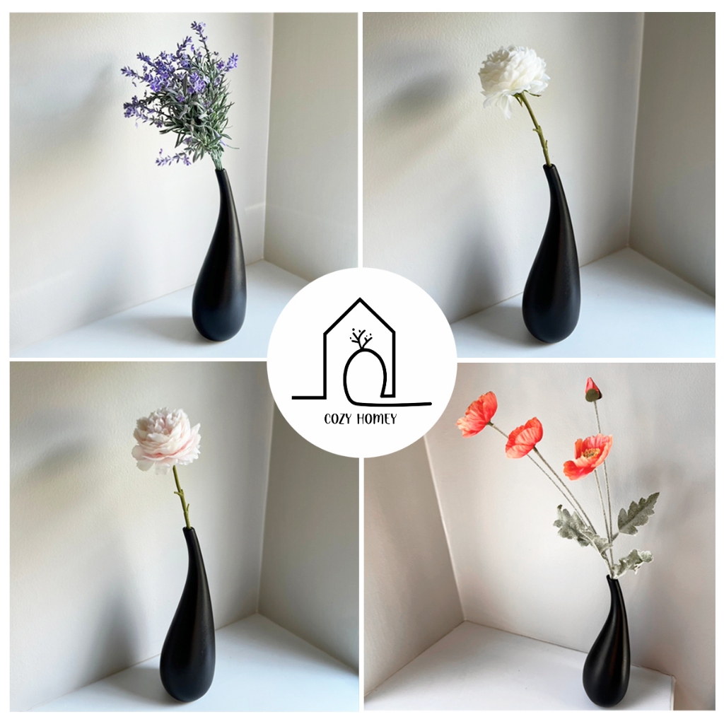 ชุดแจกันเซรามิคทรงโค้งสีดำ พร้อมดอกไม้ (Flower vase)