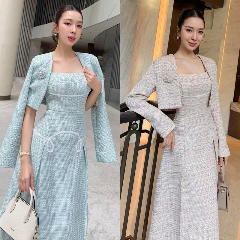 19200 เซ็ทเดรสทวิต+เสื้อ crop ทวิตพรีเมี่ยมติดเข็มกลัด (ฟ้า/ชมพู)