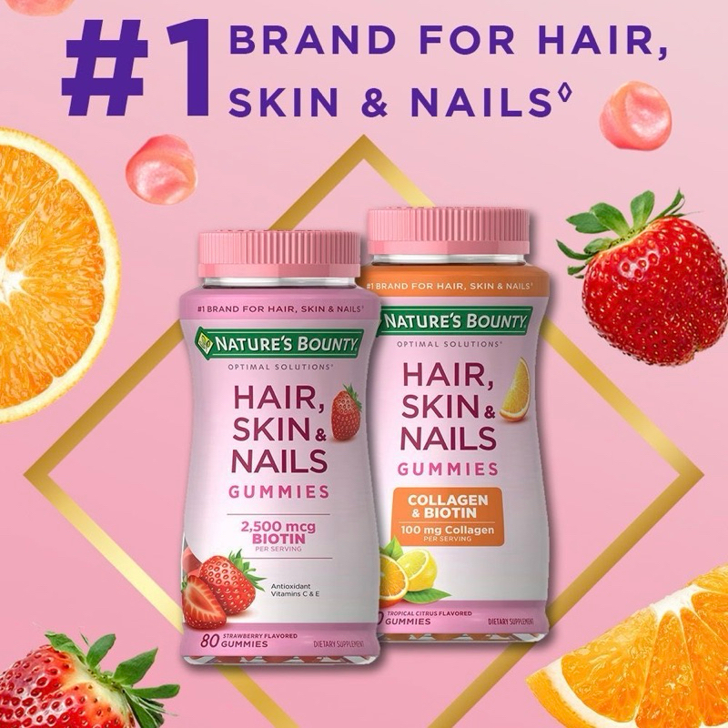 Nature's Bounty Hair Skin & Nails Gummies (80/230กัมมี่) กัมมี่ผม ผิว เล็บ 🍓🍊🍋
