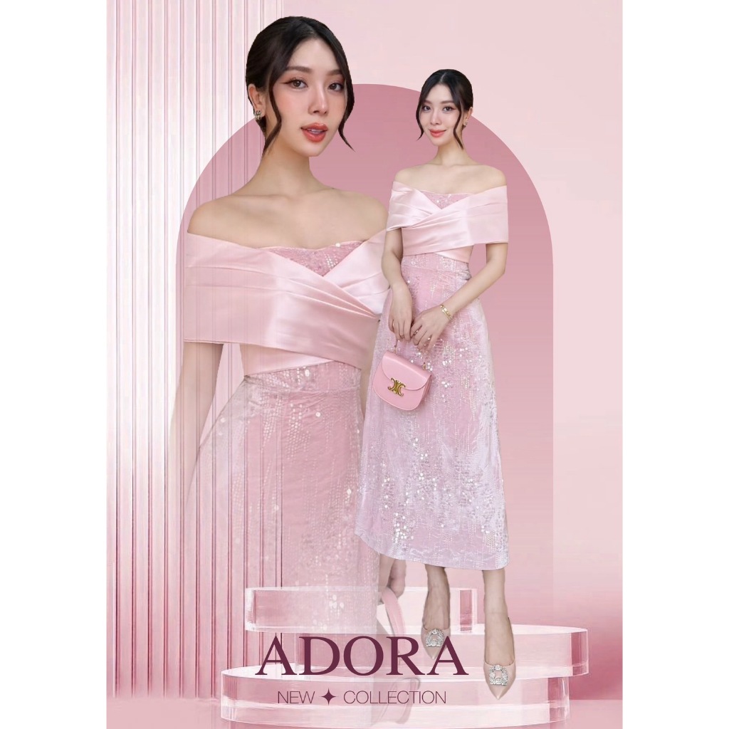 AD01 TAG-ADORA เดรสดีไซน์ปาดไหล่ ช่วงอกตัดต่อผ้าดีไซน์ไขว้อก เสริมฟองน้ำ เนื้อผ้าตกแต่งกลิตเตอร์