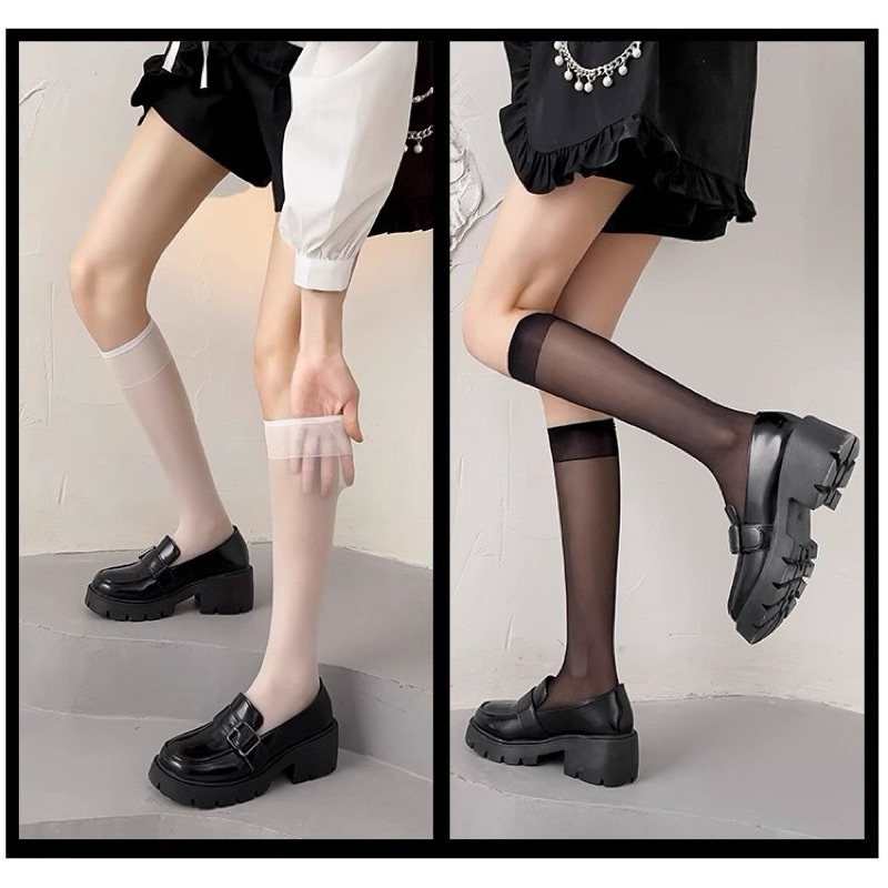 พร้อมส่งในไทย🧦 ถุงน่องสไตล์ถุงเท้าแบบบาง ข้อยาว40cm ขาว/ดำ แบบเรียบ/ลายจุด