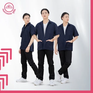 เสื้อช็อป ช่าง ใส่ทำงาน สีกรม คอเชิ้ตแขนสั้น ปักชื่อฟรี ! +รับปักโลโก้