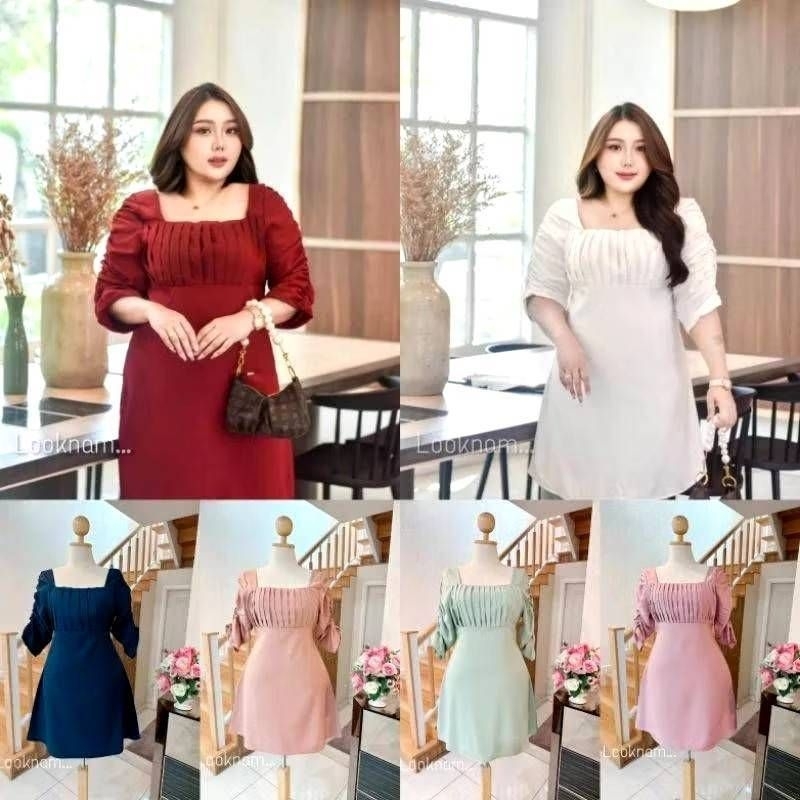 LT007-1เดรสคอเหลี่ยม แขนสามส่วนรูดย่นหน้าอกจีบทวิส  ต่อกระโปรงสวิง ทรงสวย ใส่สวย