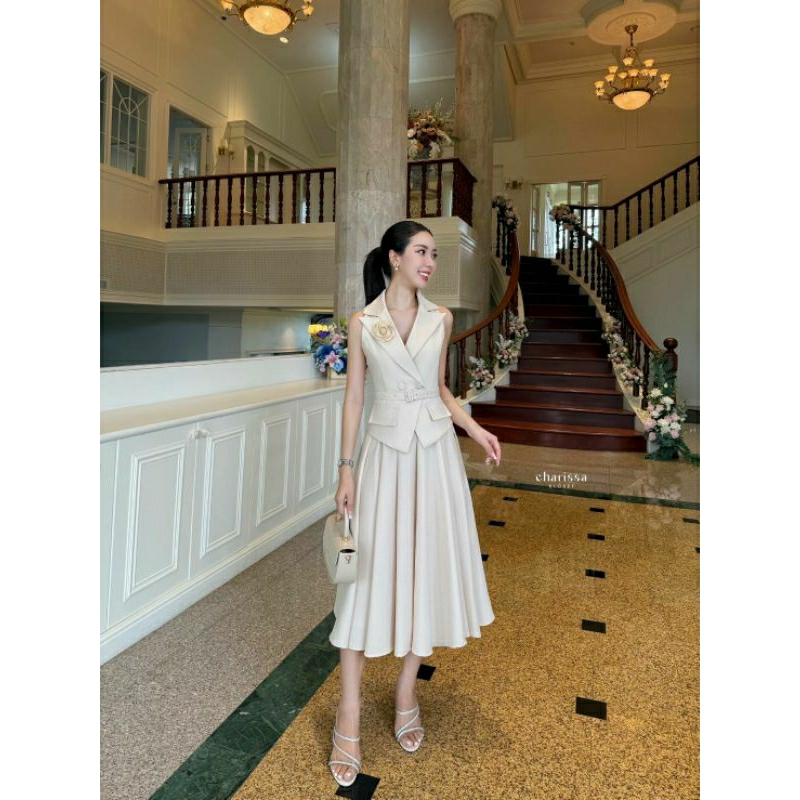 (S-XL)  CHARISSA 📣พร้อมส่งเซ็ทเสื้อแขนกุด+กระโปรงยาว+เข็มขัด+เข็มกลัดดอกไม้ทรงสวยเข้ารูปเนื้อผ้าอย่างดี - รูปที่ 3