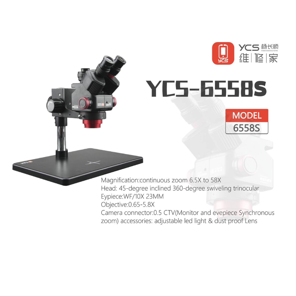 กล้องจุลทรรศน์ YCS 6558S พร้อมฐานขนาดใหญ่ 6.5-58 ซูม 4K กล้องสําหรับโทรศัพท์มือถือ PCB