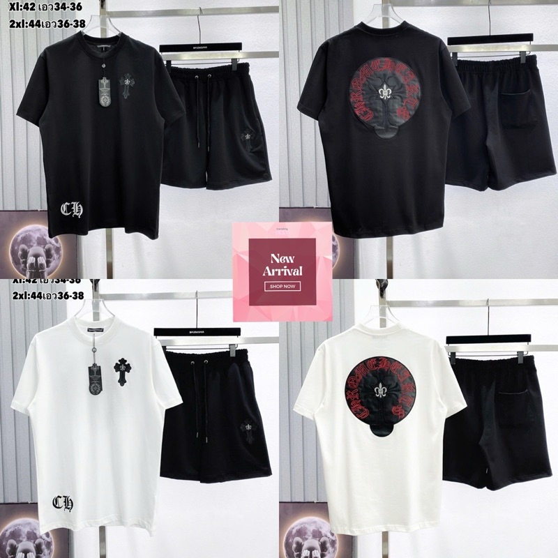 [new] 𝙎𝙀𝙏 𝘽𝙇𝘼𝘾𝙆 & 𝙒𝙃𝙄𝙏𝙀 𝘾𝙃𝙍𝙊𝙈𝙀 𝙃𝙀𝘼𝙍𝙏 ชุดเซท 2 ชิ้น เสื้อยืด + กางเกงขาสั้น Cotton Hiend 1:1 พร้อมส่ง